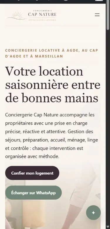Version mobile du site Conciergerie Cap Nature